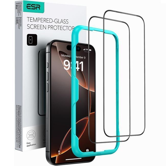 ESR Premium Quality Tempered Glass Full Cover iPhone 16 Pro (2-Pack With Easy Installation Frame)