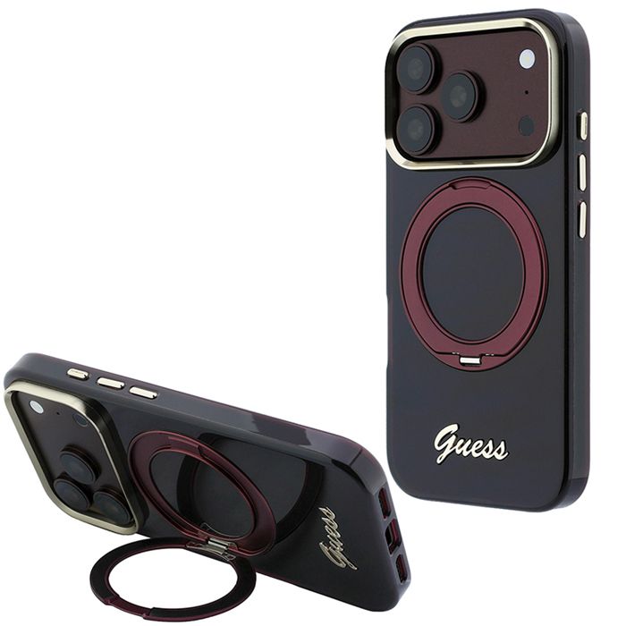 Θήκη Guess IML Ring Stand 360 Script Metal Logo Magsafe Burgundy iPhone 18 Pro Max/17 Pro Max